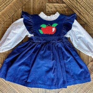 Girls RARE Vintage Samara Blue Corduroy Dress with Apple Design